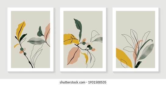 Botanical wall art vector set. Golden foliage line art drawing with watercolor.  Abstract Plant Art design for wall framed prints, canvas prints, poster, home decor, cover, wallpaper.
