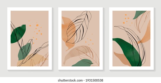 Botanical wall art vector set. Golden foliage line art drawing with watercolor.  Abstract Plant Art design for wall framed prints, canvas prints, poster, home decor, cover, wallpaper.
