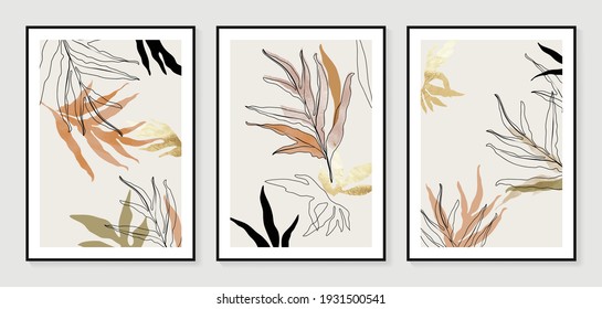 Botanical wall art vector set. Golden foliage line art drawing with watercolor.  Abstract Plant Art design for wall framed prints, canvas prints, poster, home decor, cover, wallpaper.
