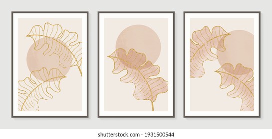 Botanical wall art vector set. Golden foliage line art drawing with watercolor.  Abstract Plant Art design for wall framed prints, canvas prints, poster, home decor, cover, wallpaper.
