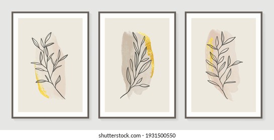 Botanical wall art vector set. Golden foliage line art drawing with watercolor.  Abstract Plant Art design for wall framed prints, canvas prints, poster, home decor, cover, wallpaper.
