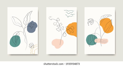 Conjunto de vectores de arte mural botánico. Dibujo de líneas florales y follaje con forma abstracta. Resumen Diseño de arte vegetal para impresión, cubierta, papel pintado, arte de pared mínimo y natural. Ilustración vectorial.