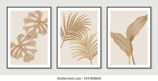 Botanical wall art vector set. Golden foliage line art drawing with watercolor.  Abstract Plant Art design for wall framed prints, canvas prints, poster, home decor, cover, wallpaper. - Shutterstock ID 1937838643