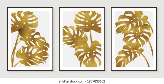 Botanical wall art vector set. Golden foliage line art drawing with watercolor.  Abstract Plant Art design for wall framed prints, canvas prints, poster, home decor, cover, wallpaper.