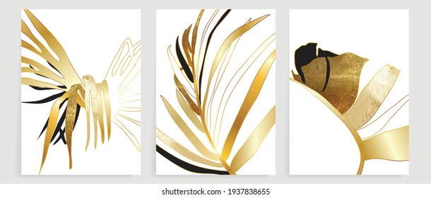 Botanical wall art vector set. Golden foliage line art drawing with watercolor.  Abstract Plant Art design for wall framed prints, canvas prints, poster, home decor, cover, wallpaper.