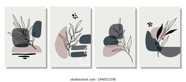 Botanical wall art vector set. Foliage line art drawing with abstract shape. Abstract Plant Art design for print, cover, wallpaper, Minimal and natural wall art. Vector illustration.