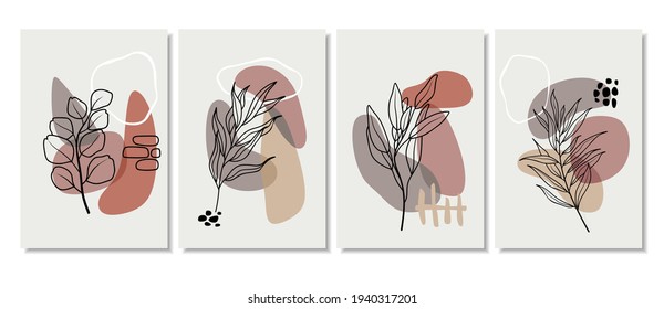 Botanical wall art vector set. Foliage line art drawing with abstract shape. Abstract Plant Art design for print, cover, wallpaper, Minimal and natural wall art. Vector illustration.