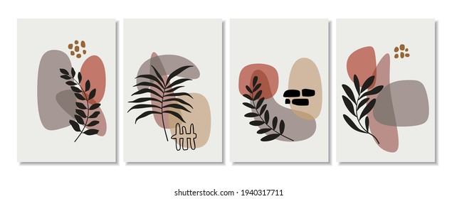Botanische Wandkunst, Vektorset. Kunstzeichnung der Blattlinie mit abstrakter Form. Abstraktes Pflanzendesign für Druck, Deckel, Tapeten, Minimale und natürliche Wandkunst. Vektorgrafik.