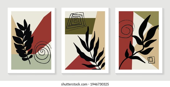 Botanische Wandkunst, Vektorset. Kunstzeichnung mit abstrakter Form und Aquarell auf dem Hintergrund. Design für Wandbilder, Leinwand-Drucke, Plakat, Innendekor, Deckel, Tapete.