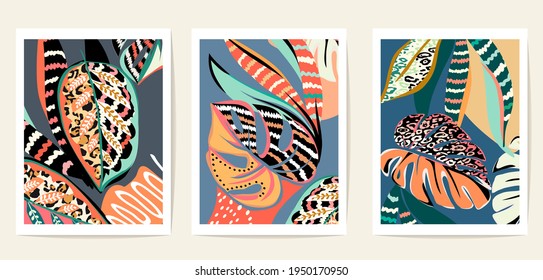 Vector de arte mural botánico con hojas tropicales, perfecto para tarjetas de invitación modernas, diseño de moda, cubiertas. Diseño de arte vegetal para papel impreso, tapicería.