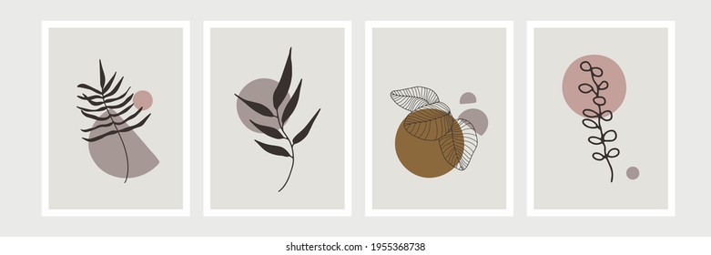 Botanical wall art vector set. Foliage line art drawing with abstract shape. Abstract Plant Art design for print, cover, wallpaper, Minimal and natural wall art. Vector illustration