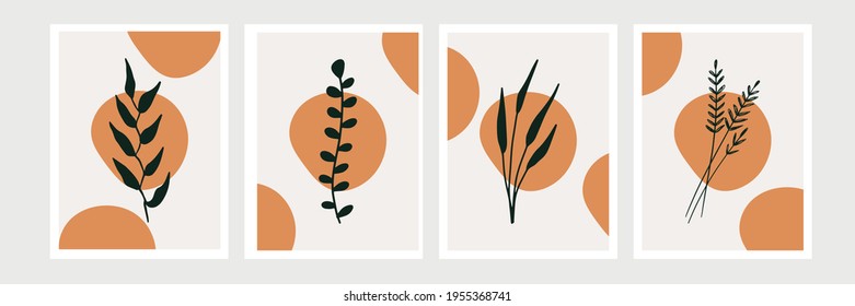 Botanical wall art vector set. Earth tone boho foliage line art drawing with abstract shape. Abstract Plant Art design for print, cover, wallpaper, Minimal and natural wall art