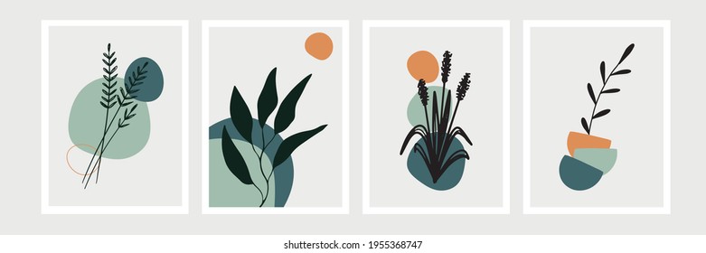Conjunto de vectores de arte mural botánico. Tono de la Tierra dibujo de líneas de follaje boho con forma abstracta. Resumen Diseño de arte vegetal para la impresión, cubierta, papel pintado, arte de pared mínimo y natural