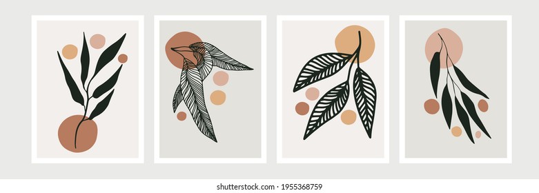 Conjunto de vectores de arte mural botánico. Dibujo artístico de línea de follaje con forma abstracta. Resumen Diseño de arte vegetal para impresión, cubierta, papel tapiz, arte de pared mínimo y natural. Ilustración vectorial