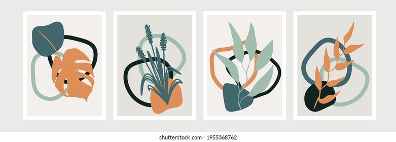 Conjunto de vectores de arte mural botánico. Dibujo artístico de línea de follaje con forma abstracta. Resumen Diseño de arte vegetal para impresión, cubierta, papel tapiz, arte de pared mínimo y natural. Ilustración vectorial