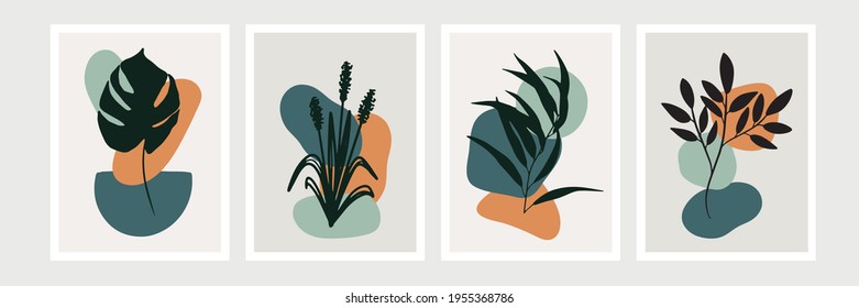 Botanical wall art vector set. Foliage line art drawing with abstract shape. Abstract Plant Art design for print, cover, wallpaper, Minimal and natural wall art. Vector illustration