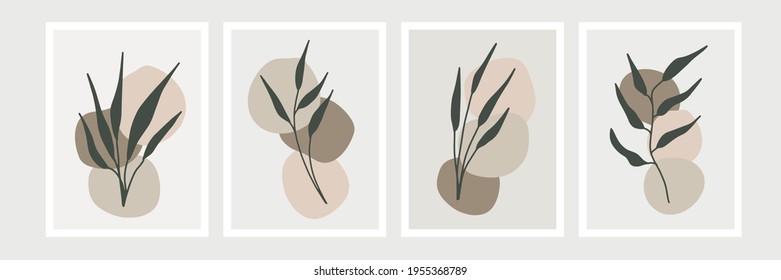 Botanische Wandkunst, Vektorset. Kunstzeichnung der Blattlinie mit abstrakter Form. Abstraktes Pflanzendesign für Druck, Deckel, Tapeten, Minimale und natürliche Wandkunst. Vektorgrafik