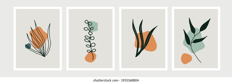 Botanical wall art vector set. Foliage line art drawing with abstract shape. Abstract Plant Art design for print, cover, wallpaper, Minimal and natural wall art. Vector illustration
