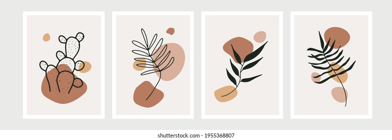 Botanical wall art vector set. Earth tone boho foliage line art drawing with abstract shape. Abstract Plant Art design for print, cover, wallpaper, Minimal and natural wall art