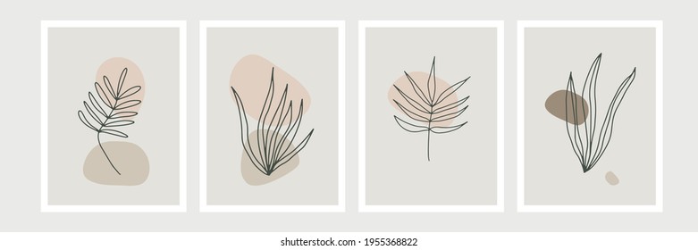 Botanical wall art vector set. Foliage line art drawing with abstract shape. Abstract Plant Art design for print, cover, wallpaper, Minimal and natural wall art. Vector illustration