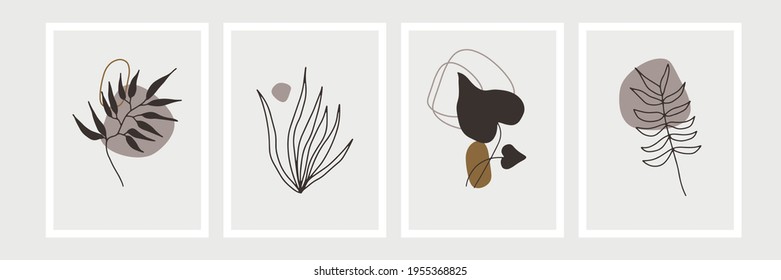 Botanical wall art vector set. Foliage line art drawing with abstract shape. Abstract Plant Art design for print, cover, wallpaper, Minimal and natural wall art. Vector illustration