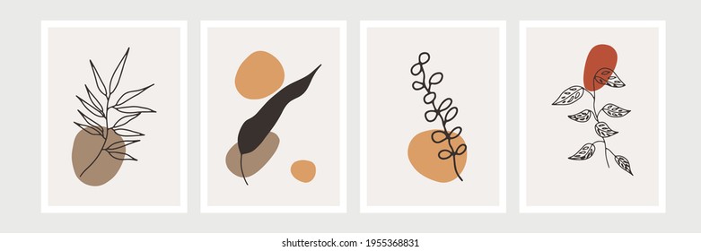 Botanical wall art vector set. Foliage line art drawing with abstract shape. Abstract Plant Art design for print, cover, wallpaper, Minimal and natural wall art. Vector illustration