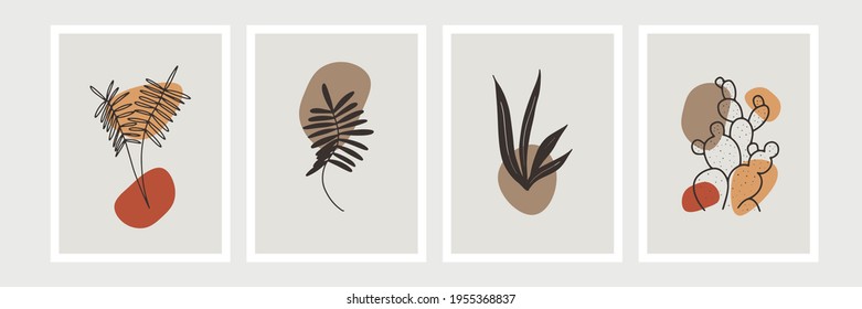 Botanische Wandkunst, Vektorset. Kunstzeichnung der Blattlinie mit abstrakter Form. Abstraktes Pflanzendesign für Druck, Deckel, Tapeten, Minimale und natürliche Wandkunst. Vektorgrafik