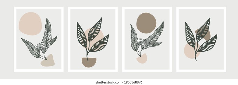 Botanical wall art vector set. Earth tone boho foliage line art drawing with abstract shape. Abstract Plant Art design for print, cover, wallpaper, Minimal and natural wall art