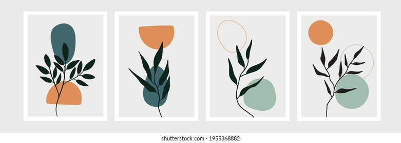 Botanical wall art vector set. Earth tone boho foliage line art drawing with abstract shape. Abstract Plant Art design for print, cover, wallpaper, Minimal and natural wall art
