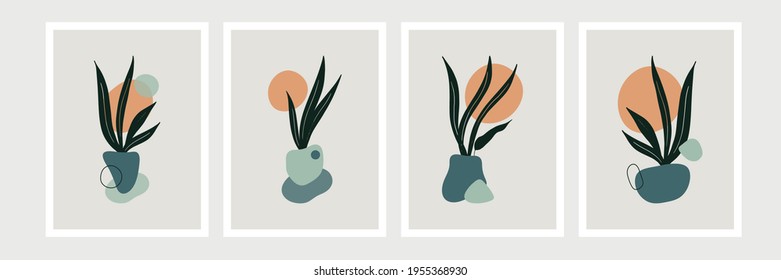 Botanical wall art vector set. Earth tone boho foliage line art drawing with abstract shape. Abstract Plant Art design for print, cover, wallpaper, Minimal and natural wall art
