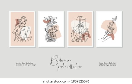 Botanical wall art vector set. Bohemian line art drawing with abstract shape. Abstract Plant line art design for print, cover, wallpaper, Minimal and natural wall art.