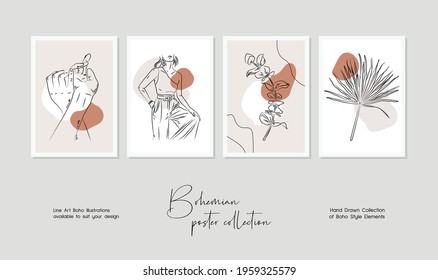 Botanical wall art vector set. Bohemian line art drawing with abstract shape. Abstract Plant line art design for print, cover, wallpaper, Minimal and natural wall art.
