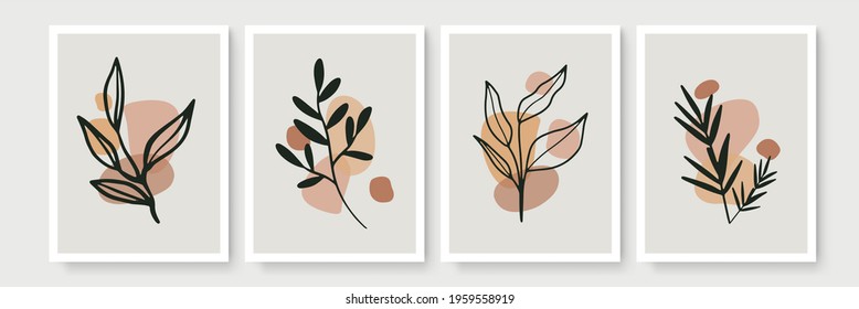 Botanical wall art vector set. Foliage line art drawing with abstract shape. Abstract Plant Art design for print, cover, wallpaper, modern and natural wall art. Vector illustration. Boho wall decor