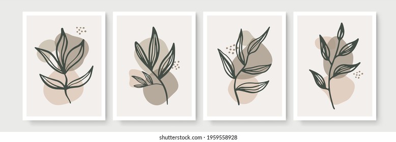 Botanical wall art vector set. Foliage line art drawing with abstract shape. Abstract Plant Art design for print, cover, wallpaper, modern and natural wall art. Vector illustration. Boho wall decor