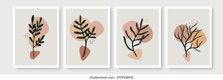 Botanical wall art vector set. Foliage line art drawing with abstract shape. Abstract Plant Art design for print, cover, wallpaper, modern and natural wall art. Vector illustration. Boho wall decor