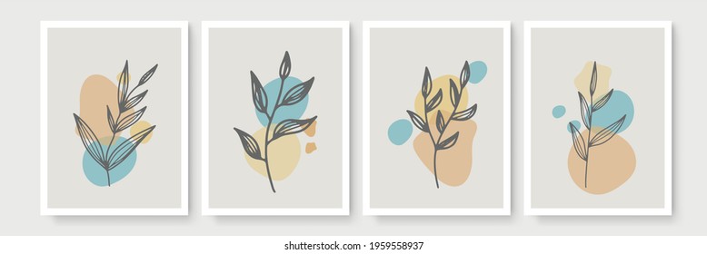 Botanical wall art vector set. Foliage line art drawing with abstract shape. Abstract Plant Art design for print, cover, wallpaper, modern and natural wall art. Vector illustration. Boho wall decor