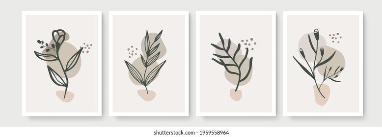 Botanical wall art vector set. Foliage line art drawing with abstract shape. Abstract Plant Art design for print, cover, wallpaper, modern and natural wall art. Vector illustration. Boho wall decor