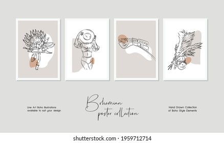 Botanical wall art vector set. Bohemian line art drawing with abstract shape. Abstract Plant line art design for print, cover, wallpaper, Minimal and natural wall art.