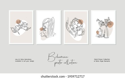 Botanical wall art vector set. Bohemian line art drawing with abstract shape. Abstract Plant line art design for print, cover, wallpaper, Minimal and natural wall art.