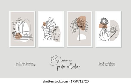Botanical wall art vector set. Bohemian line art drawing with abstract shape. Abstract Plant line art design for print, cover, wallpaper, Minimal and natural wall art.