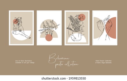 Botanical wall art vector set. Bohemian line art drawing with abstract shape. Abstract Plant line art design for print, cover, wallpaper, Minimal and natural wall art.