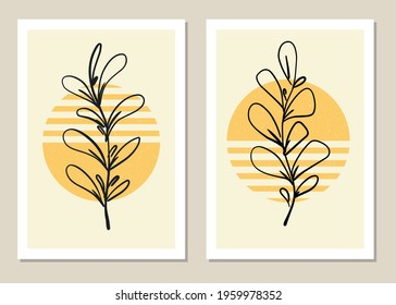 Botanical wall art vector set. Abstract pattern of flowers and branches.