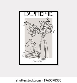 Botanical wall art vector set. Bohemian line art drawing with abstract shape. Abstract Plant line art design for print, cover, wallpaper, Minimal and natural wall art.
