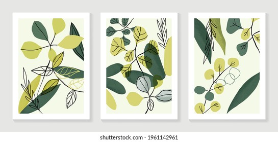 Botanical wall art vector set. Water color boho foliage line art drawing with  abstract shape.  Abstract Plant Art design for print, cover, wallpaper, Minimal and  natural wall art.