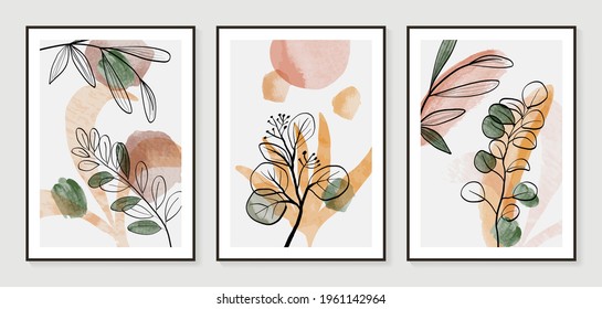 Botanical wall art vector set. Water color boho foliage line art drawing with  abstract shape.  Abstract Plant Art design for print, cover, wallpaper, Minimal and  natural wall art.