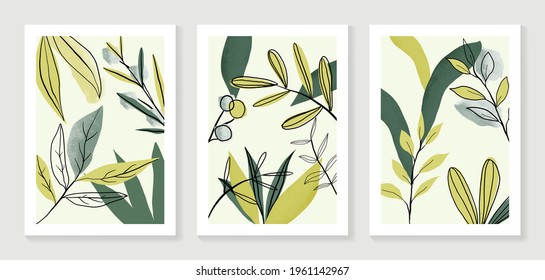Botanical wall art vector set. Water color boho foliage line art drawing with  abstract shape.  Abstract Plant Art design for print, cover, wallpaper, Minimal and  natural wall art.