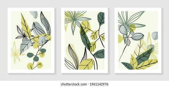 Botanical wall art vector set. Water color boho foliage line art drawing with  abstract shape.  Abstract Plant Art design for print, cover, wallpaper, Minimal and  natural wall art.