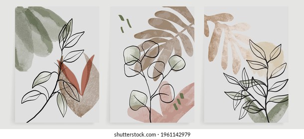 Botanical wall art vector set. Water color boho foliage line art drawing with  abstract shape.  Abstract Plant Art design for print, cover, wallpaper, Minimal and  natural wall art.