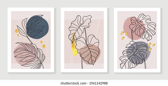 Botanical wall art vector set. Water color boho foliage line art drawing with  abstract shape.  Abstract Plant Art design for print, cover, wallpaper, Minimal and  natural wall art.