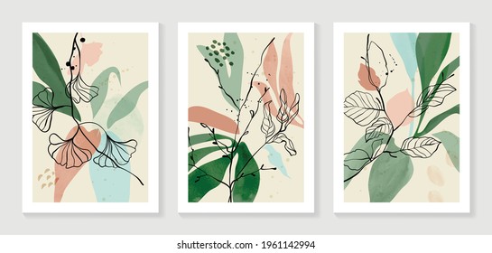 Botanical wall art vector set. Water color boho foliage line art drawing with  abstract shape.  Abstract Plant Art design for print, cover, wallpaper, Minimal and  natural wall art.